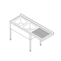 Mesa para Lavavajillas - Profesional - 200 x 70cm - Izquierda - con 2 Fregaderos y Salpicadero - incl Estante de Almacenamiento