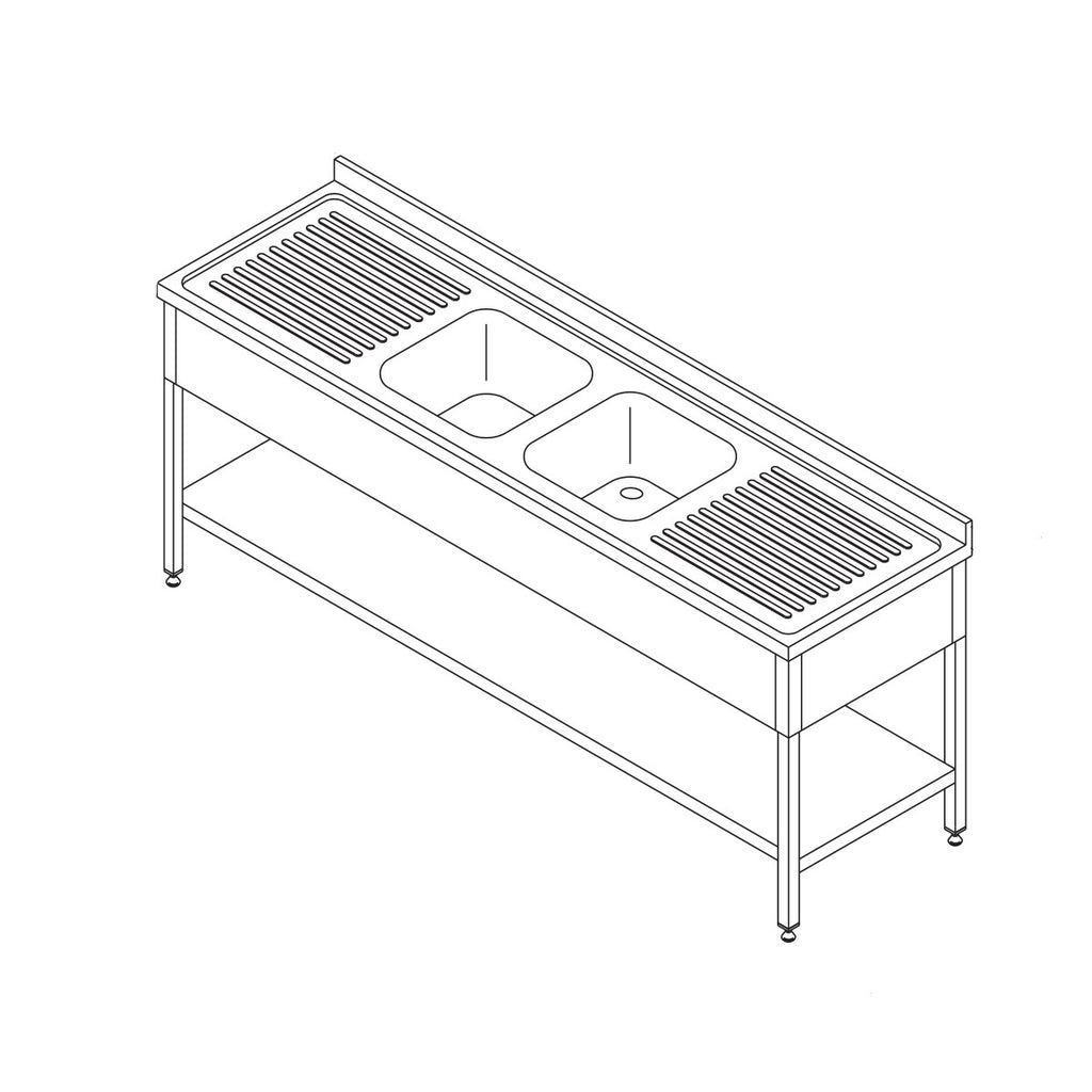 Spültisch - Professionell - 210 x 70cm - mit 2 Becken und Spritzschutz - inkl. Lagerregal