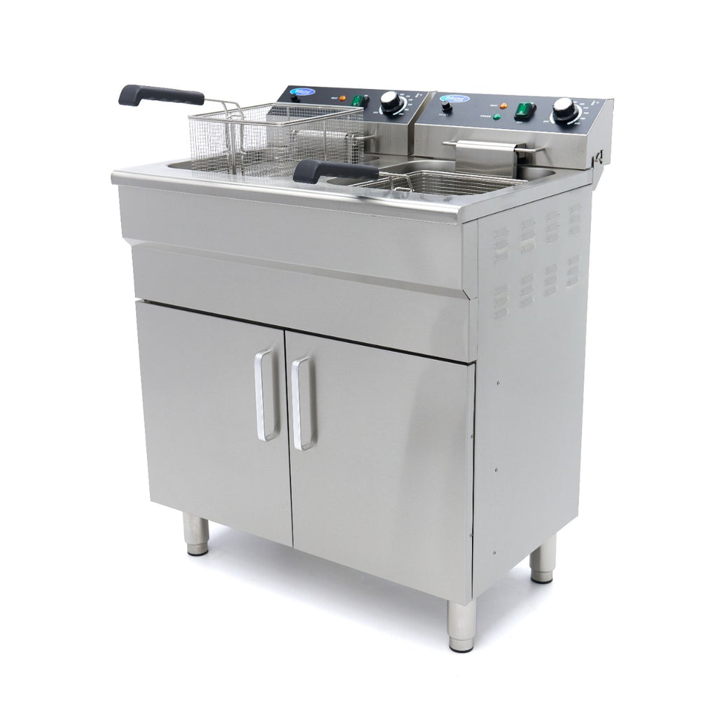 Freidora - Profesional - 2 x 16L - 2 Cestas - con Grifo de Vaciado y Soporte - 230V