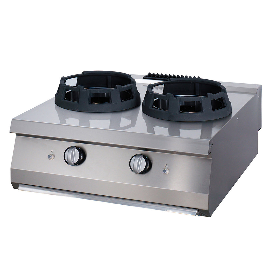 Fornello wok Premium - Professionale - 2 x 28,5 cm di diametro degli anelli di cottura - Unità doppia - 90cm di profondità - Gas