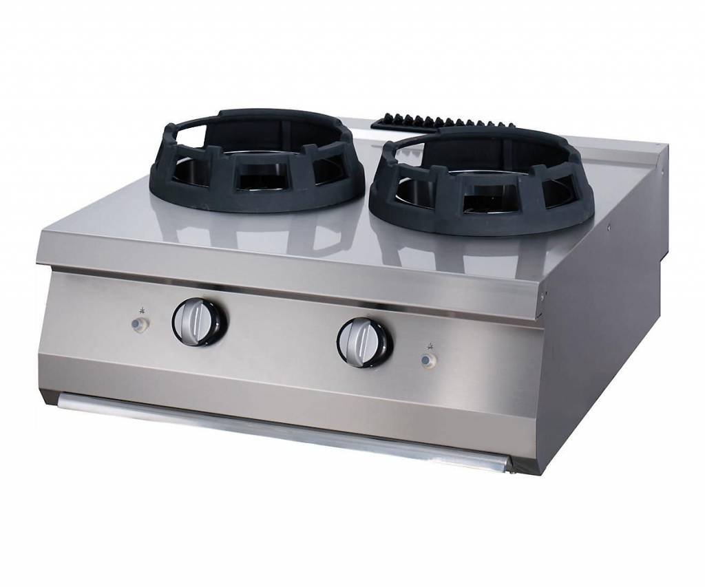 Heavy Duty Wok-Kocher - Professionell - 2 x Ø 28,5cm Kochringe - Doppelgerät - 70cm Tiefe - Gas