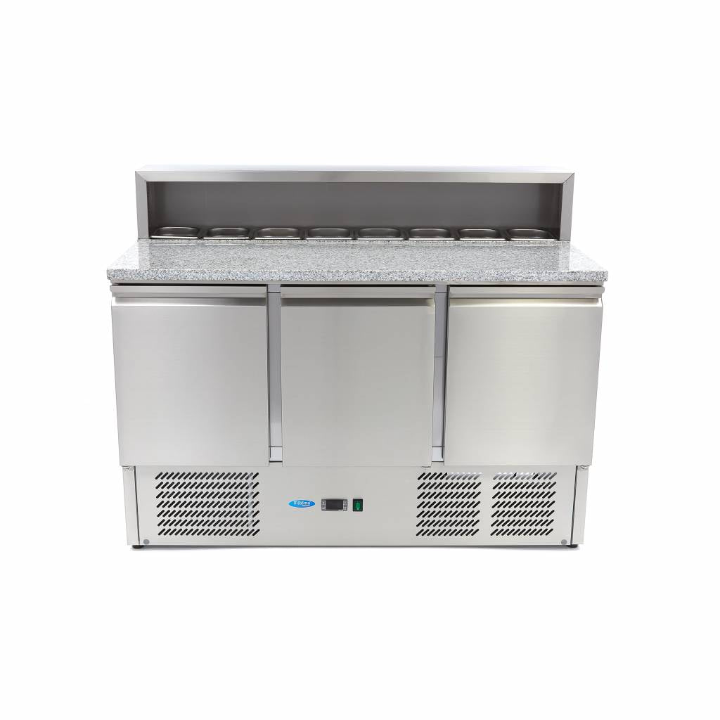 Mesas Refrigerado para Pizzas Preparacion - Profesional - 137cm - 3 Puertas - para 8 x 1/6 GN - incl Tapa de Acero Inoxidable