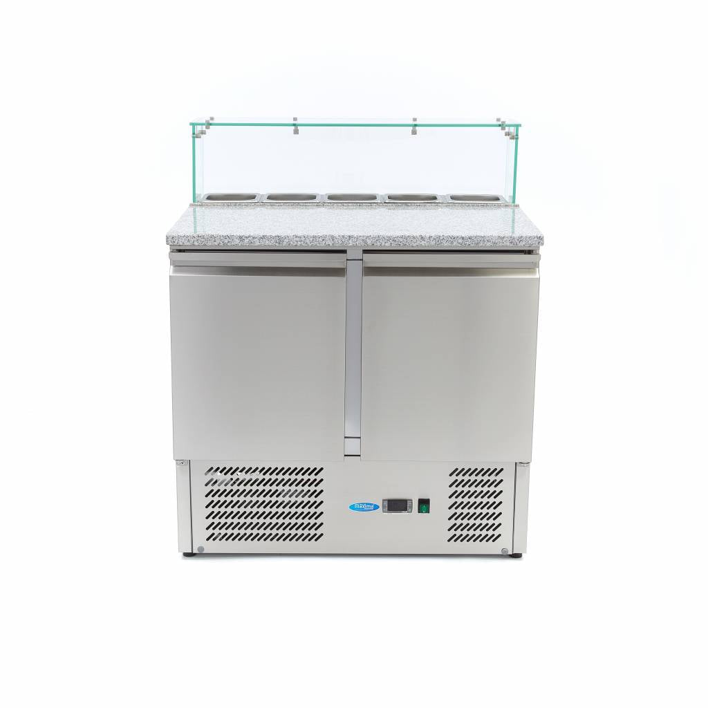 Mesas Refrigerado para Pizzas Preparacion - Profesional - 90cm - 2 Puertas - para 5 x 1/6 GN - incl Tapa de Cristal