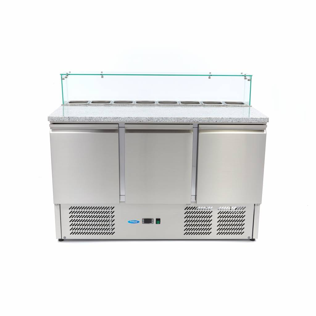 Banco refrigerato per pizza - Professionale - 137 cm - 3 porte - per 8 x GN 1/6 - con coperchio in vetro