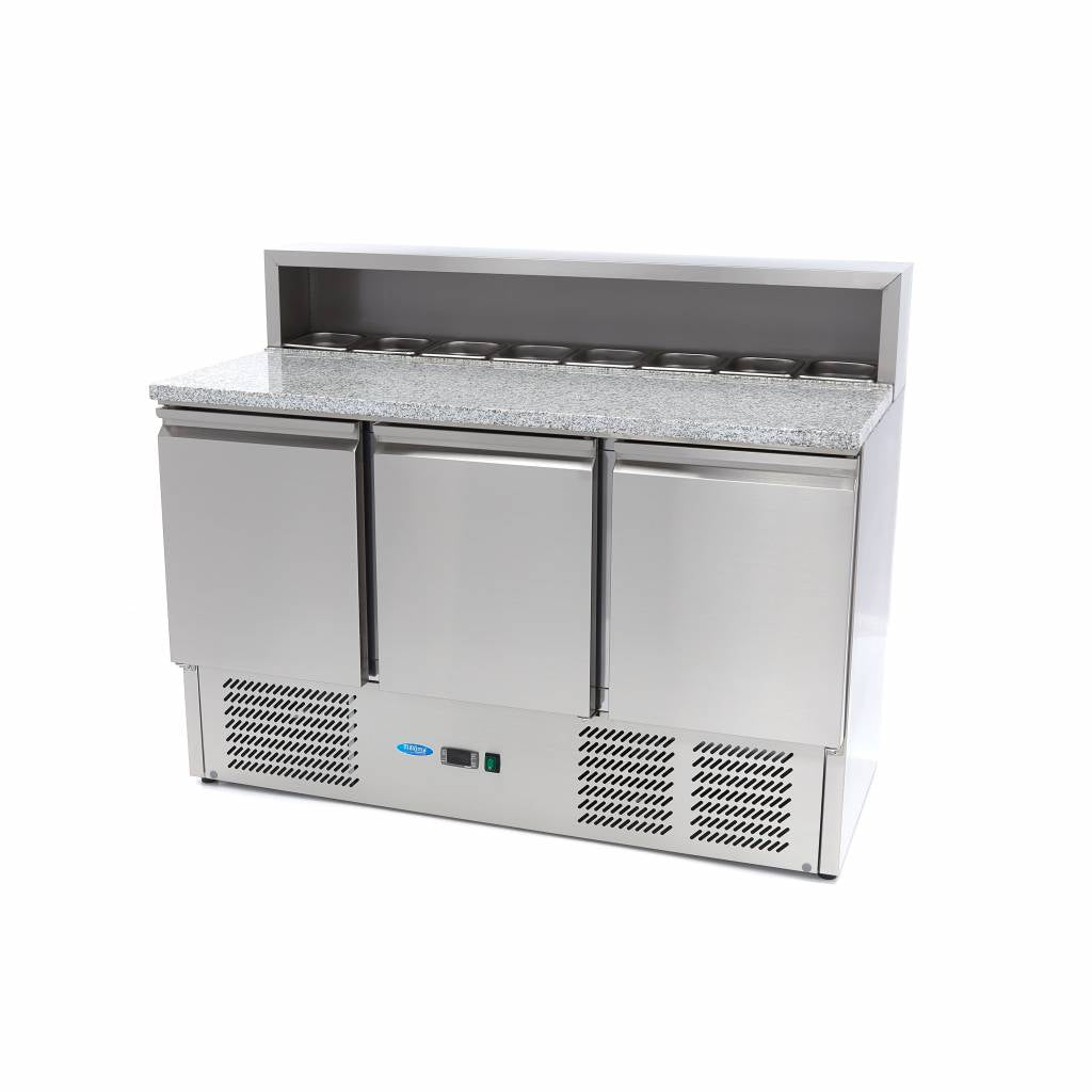 Mesas Refrigerado para Pizzas Preparacion - Profesional - 137cm - 3 Puertas - para 8 x 1/6 GN - incl Tapa de Acero Inoxidable
