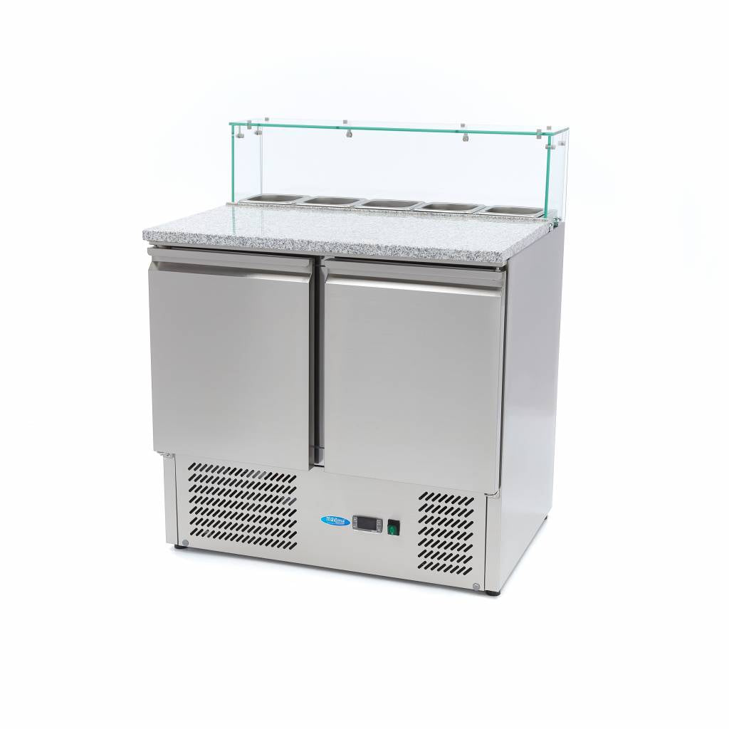 Mesas Refrigerado para Pizzas Preparacion - Profesional - 90cm - 2 Puertas - para 5 x 1/6 GN - incl Tapa de Cristal
