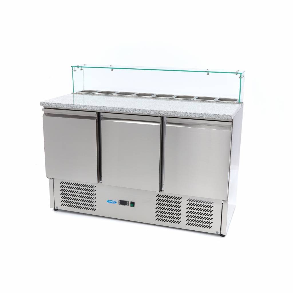 Banco refrigerato per pizza - Professionale - 137 cm - 3 porte - per 8 x GN 1/6 - con coperchio in vetro
