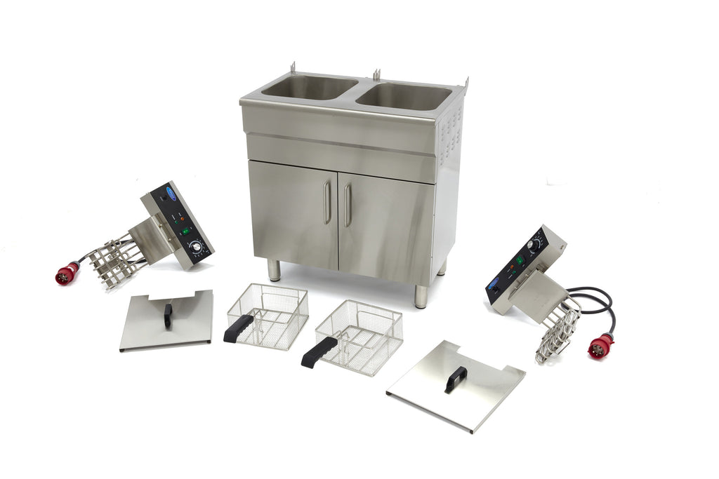 Freidora - Profesional - 2 x 16L - 2 Cestas - con Grifo de Vaciado y Soporte - 400V