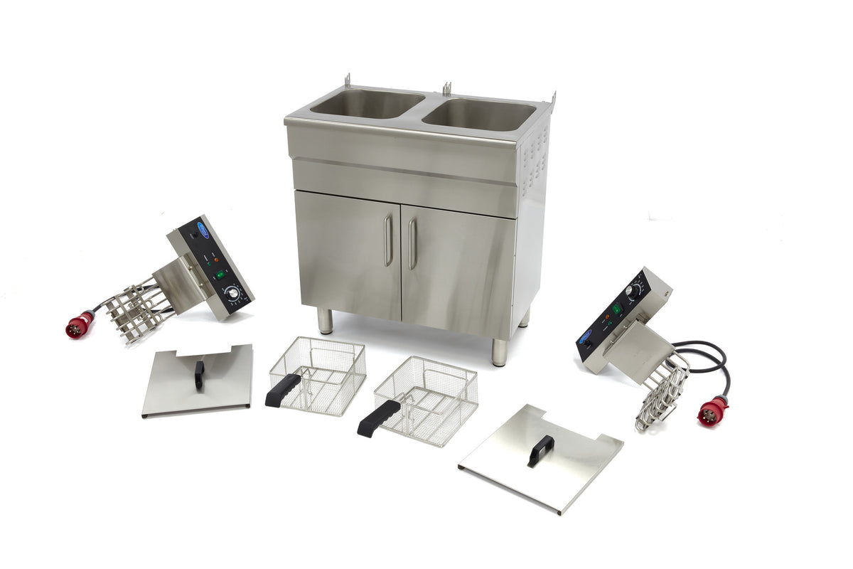 Freidora - Profesional - 2 x 16L - 2 Cestas - con Grifo de Vaciado y Soporte - 400V