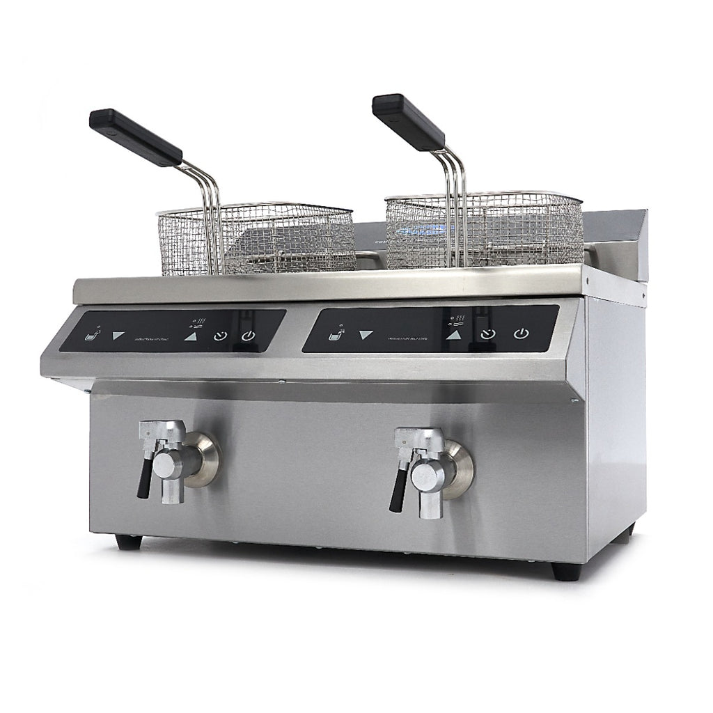 Doppel-Induktionsfritteuse - Professionell - 2 x 8L - 2 Körbe - Mit Ablasshahn