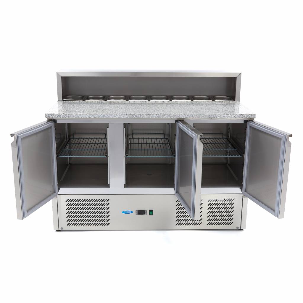 Mesas Refrigerado para Pizzas Preparacion - Profesional - 137cm - 3 Puertas - para 8 x 1/6 GN - incl Tapa de Acero Inoxidable