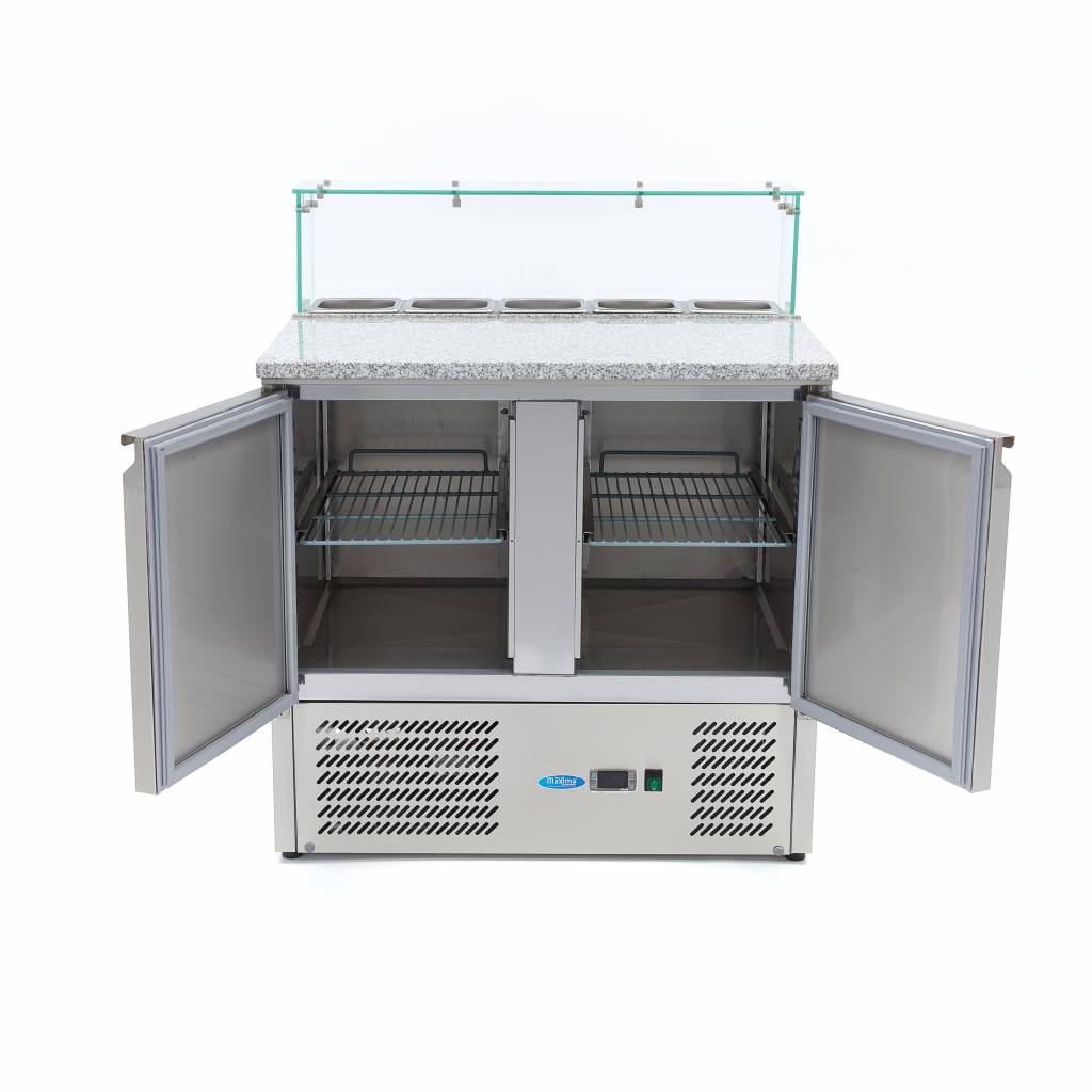 Mesas Refrigerado para Pizzas Preparacion - Profesional - 90cm - 2 Puertas - para 5 x 1/6 GN - incl Tapa de Cristal