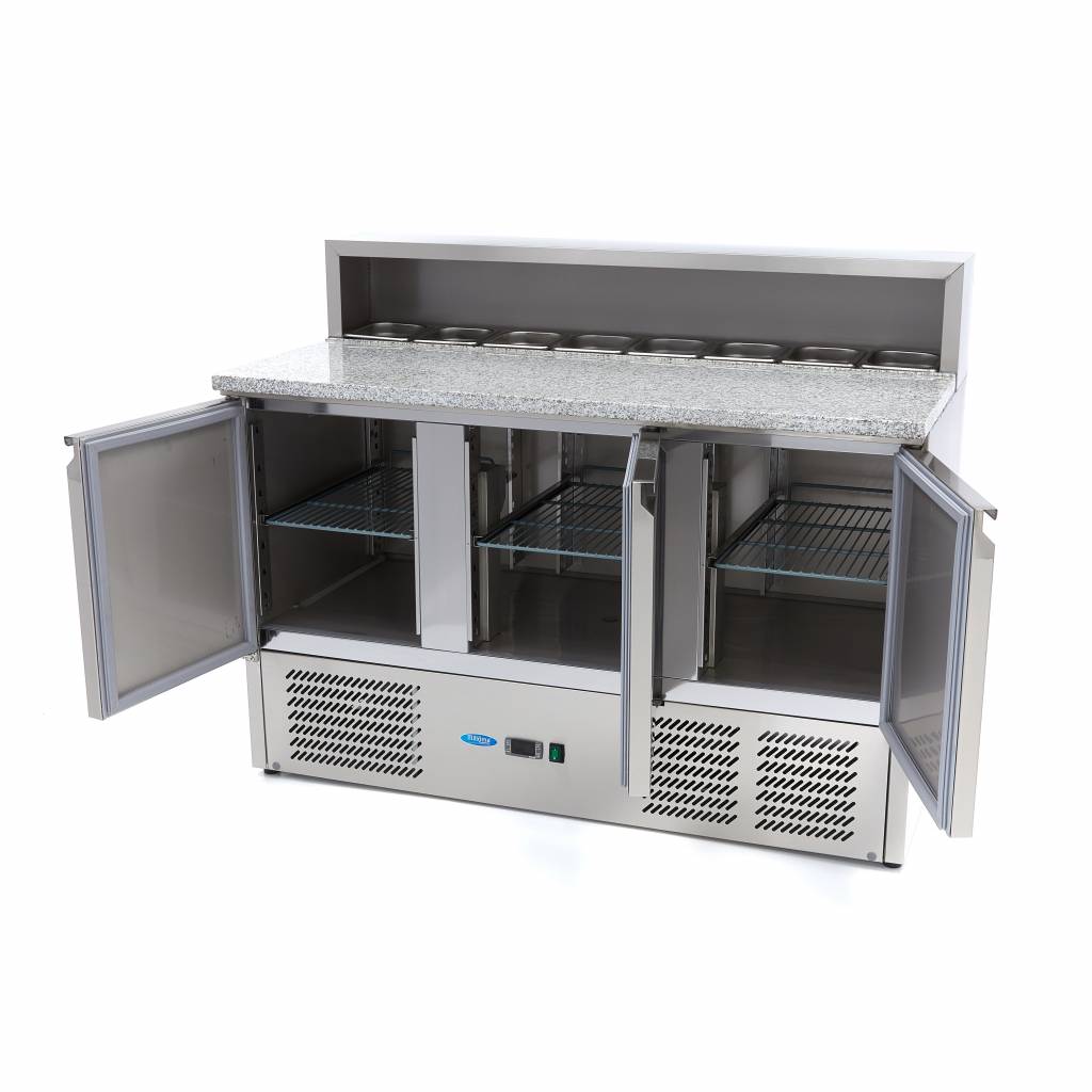 Mesas Refrigerado para Pizzas Preparacion - Profesional - 137cm - 3 Puertas - para 8 x 1/6 GN - incl Tapa de Acero Inoxidable