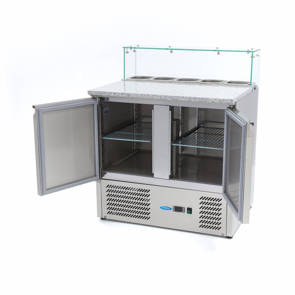 Mesas Refrigerado para Pizzas Preparacion - Profesional - 90cm - 2 Puertas - para 5 x 1/6 GN - incl Tapa de Cristal