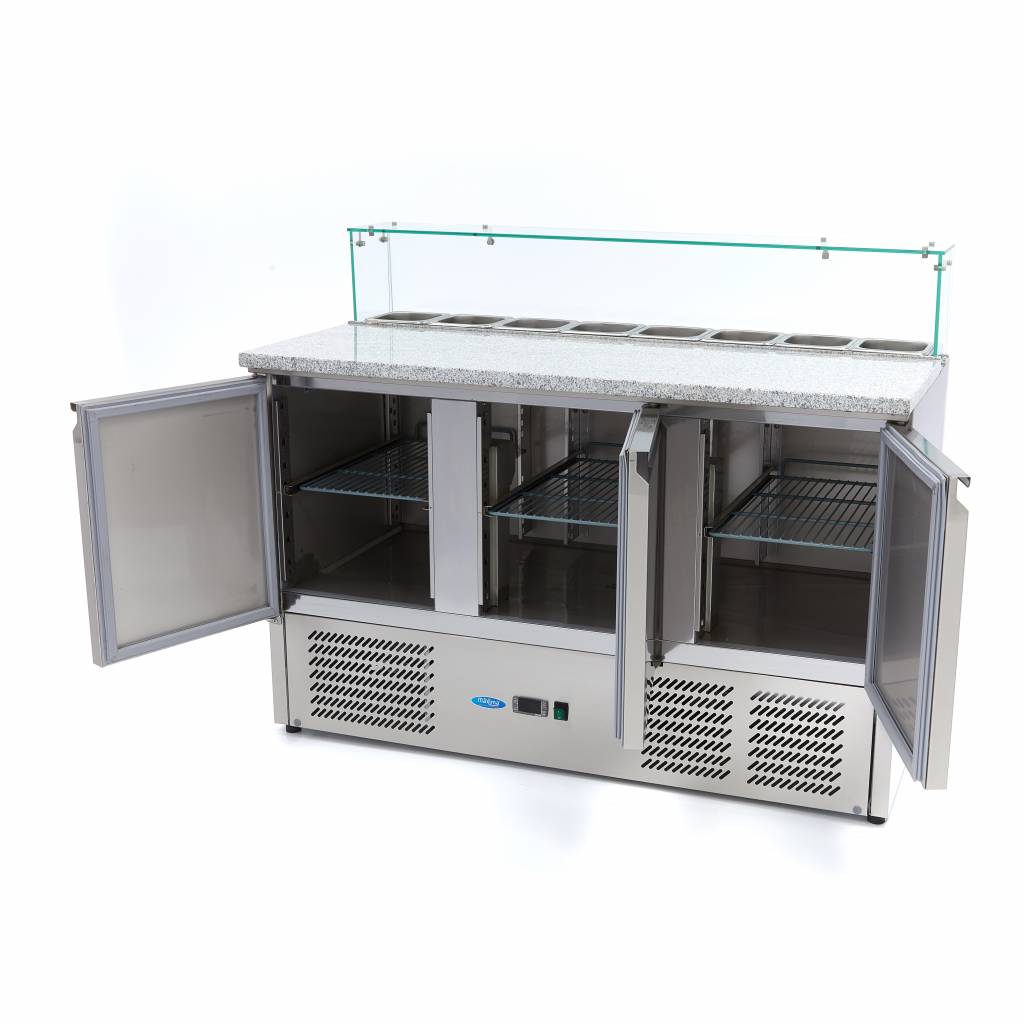 Banco refrigerato per pizza - Professionale - 137 cm - 3 porte - per 8 x GN 1/6 - con coperchio in vetro